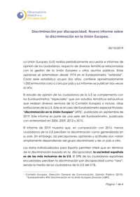 Discriminación por discapacidad. Nuevo Informe sobre la discriminación en la Unión Europea