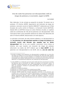 Una de cada tres personas con discapacidad, está en riesgo de pobreza y/o exclusión, se...