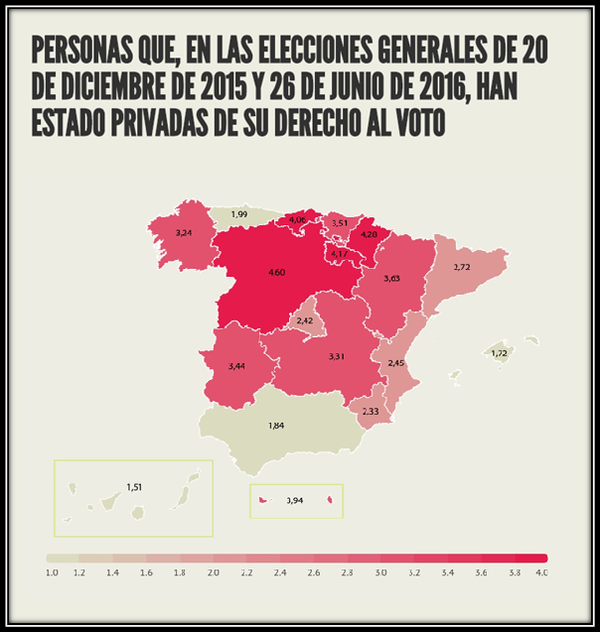 Gráfico. Personas que, en las elecciones generales de 20 de diciembre de 2015 y 26 de junio de 2016, han estado privadas de su derecho al voto en España Distribución territorial de las personas que han estado privadas de su derecho al voto en España