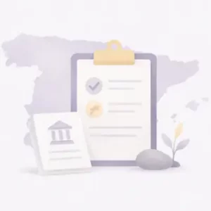 Cuaderno con un listado de puntos de comprobación, sobre el mapa de España.